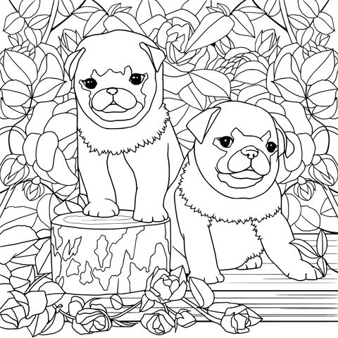 Página de Colorear de Adorables Cachorros de Pug y Rosas