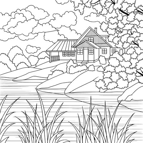 Lakeside Cottage Coloring Page