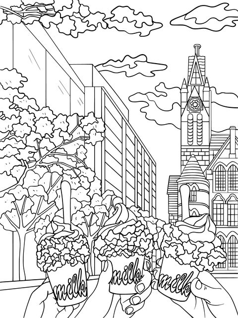 Cityscape Coloring Page with Milkshakes in Hands