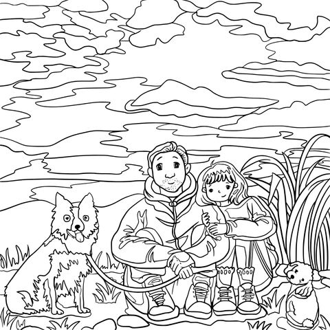 Heartwarming Family Walking Dogs Outdoors Coloring Page