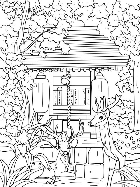 日本の神社と鹿の塗り絵ページ