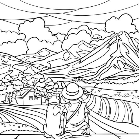 Coloring Page: A Girl and a Dog Enjoying the Pastoral Mountain Scenery