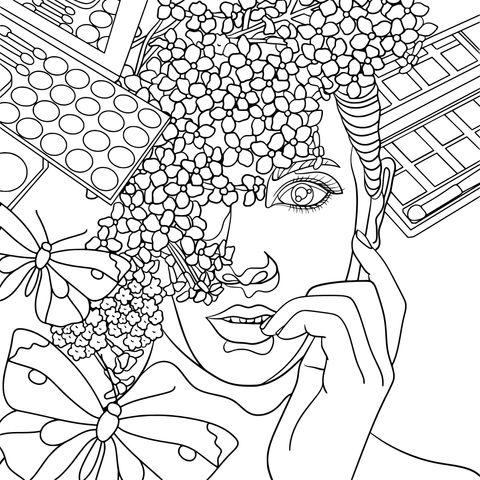 Woman Surrounded by Flowers and Makeup