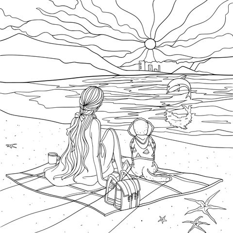 Girl and Dog Enjoying Beach Time Coloring Page