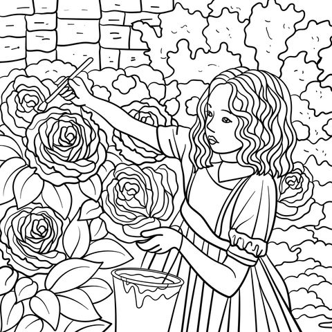 Ilustración de una chica coloreando rosas en el jardín