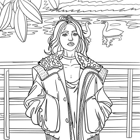 Fashionable Girl by the Lake Coloring Page