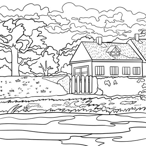 Rural Cottage Landscape Coloring Page