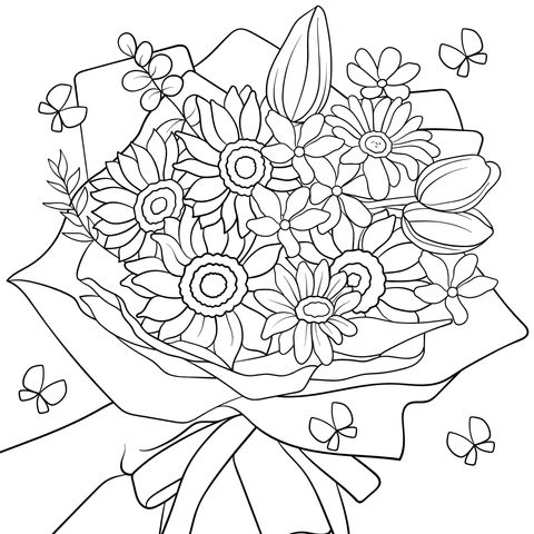 Coloring Page of a Hand - Held Bouquet of Colorful Flowers