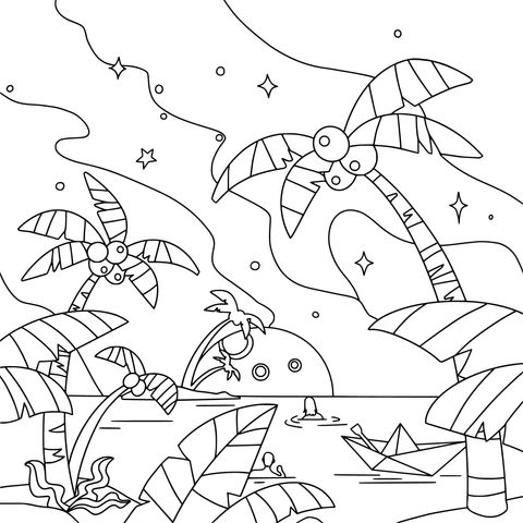 Tropical Scenery Coloring Page under the Dreamy Star - filled Sky