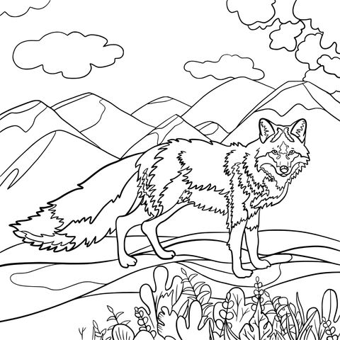 Fox Coloring Page in Mountain Forest