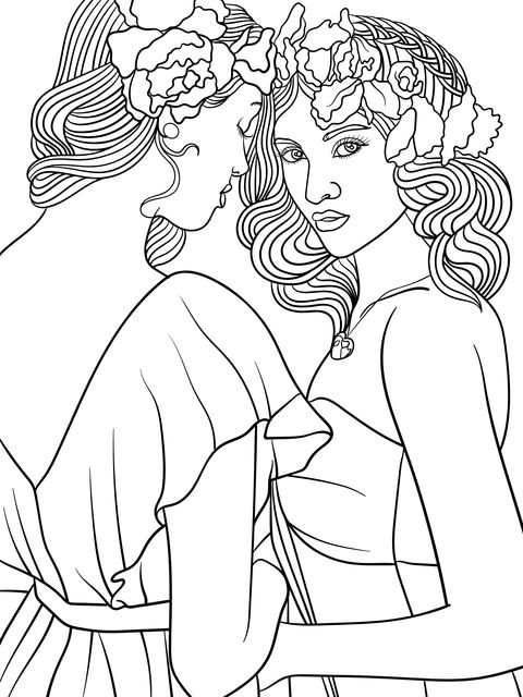 Fantasy Coloring Page of Twin - flower Girls