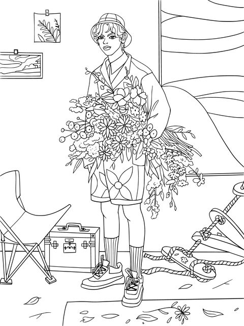 Fashionable Character Holding a Bouquet of Colorful Flowers Coloring Page