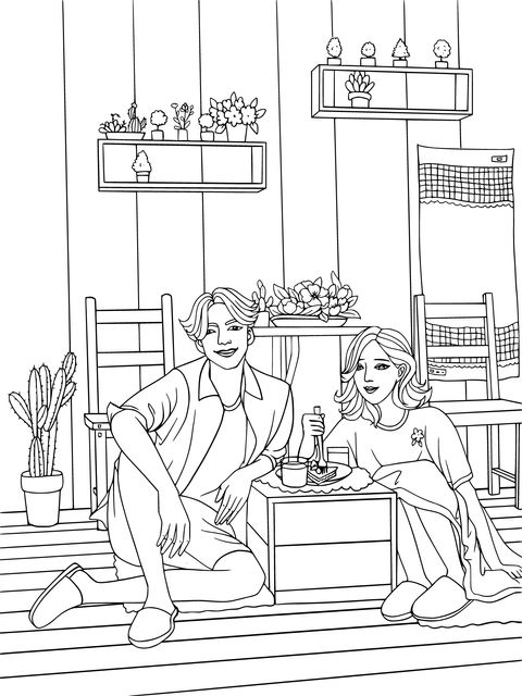 Cozy Indoor Scene Coloring Page: A Young Couple Enjoying a Meal