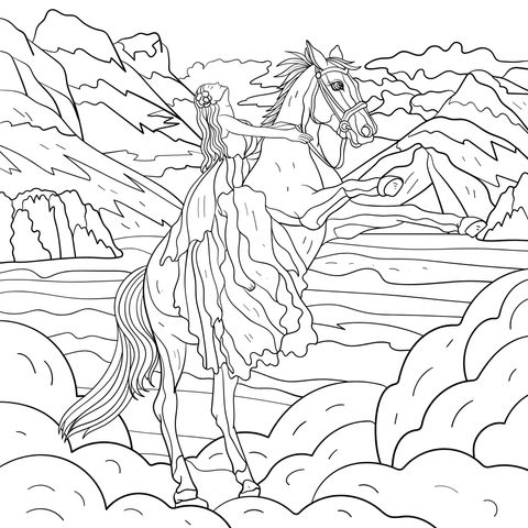 Página de Colorear de Princesa y Caballo