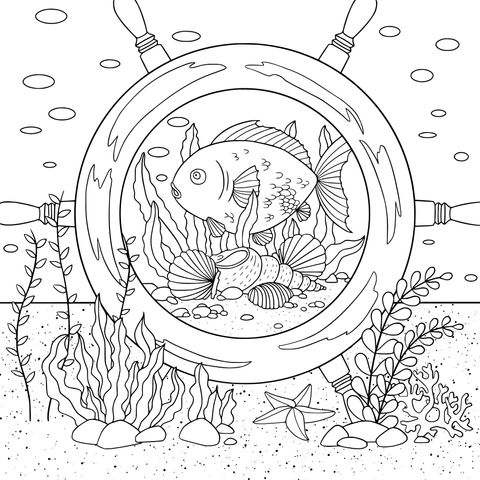 Ocean - themed Coloring Page: Goldfish Scene in a Ship's Helm