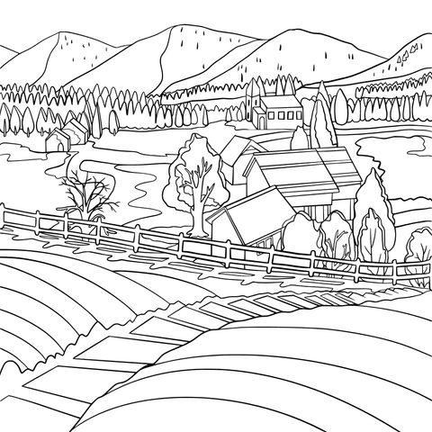 Página para colorear de paisaje rural