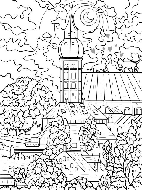 Moonlit Town and Cats Coloring Page