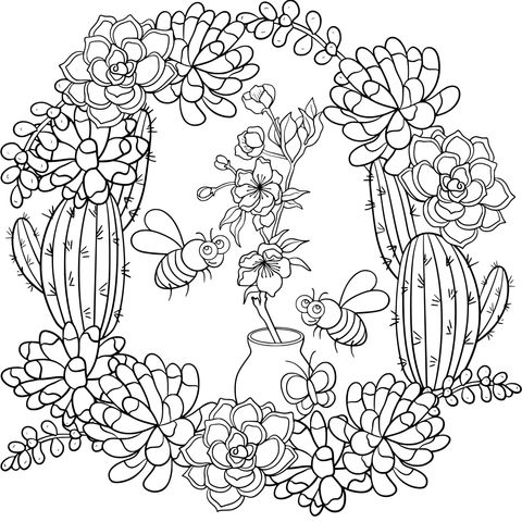 Floral Illustration Surrounded by Succulents and Bees