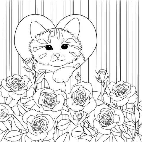 Página para colorear de un gato adorable y rosas