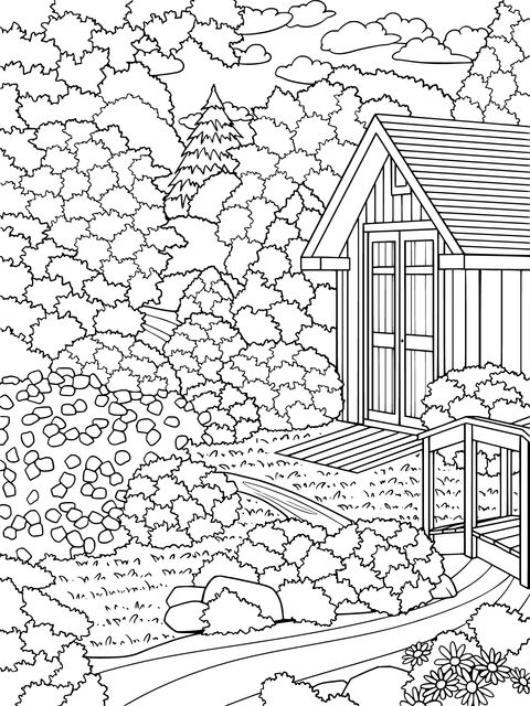 Coloring Page of a Red Cabin in the Forest