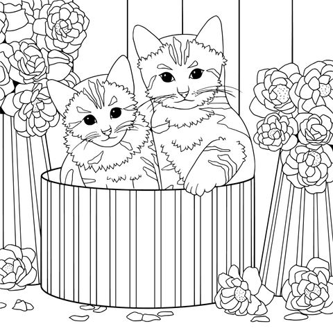 Página para colorear de adorables gatos y flores