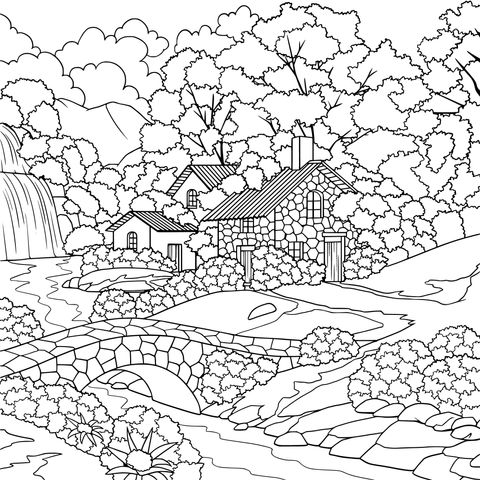 Página de Colorear con Paisaje Rural: Cabaña, Cascada y Flores