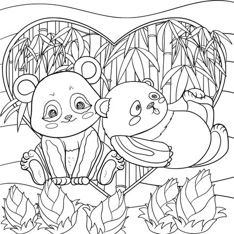 Dibujo para colorear de adorables pandas en un corazón de bambú