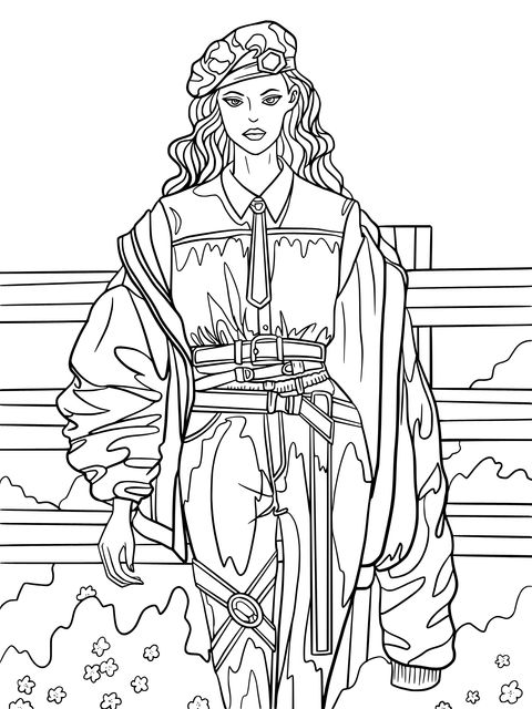 Vintage - style Female Explorer Coloring Page