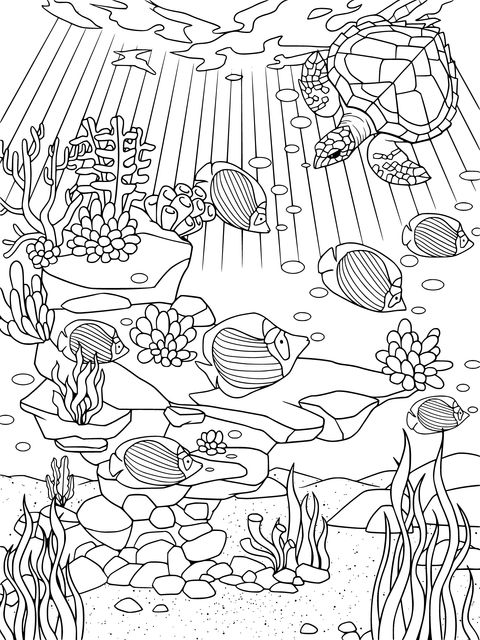 Underwater World Coloring Page: Turtle and Colorful Fish Swimming Together