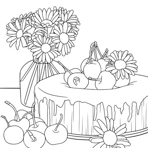 Coloring Page of Flower - Cherry Cake