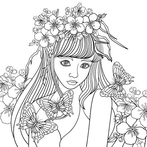 Dreamy Blue - Haired Girl with Flowers and Butterflies Coloring Page