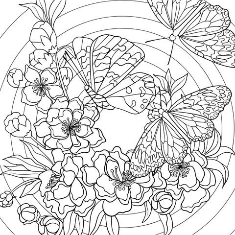 Butterflies and Flowers Coloring Page