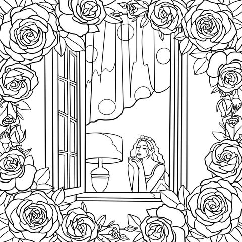 Coloring Page of a Woman by the Window Surrounded by Roses