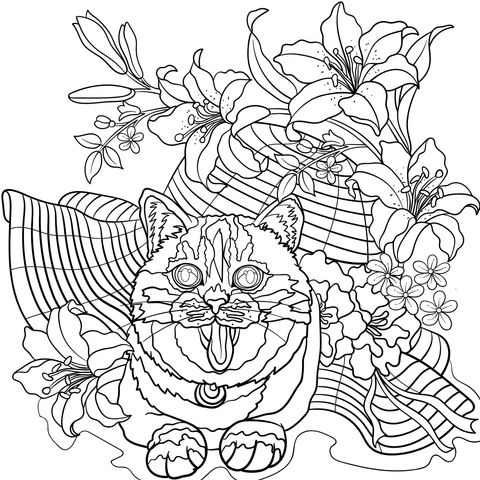 Cute Cat and Flowers Coloring Page