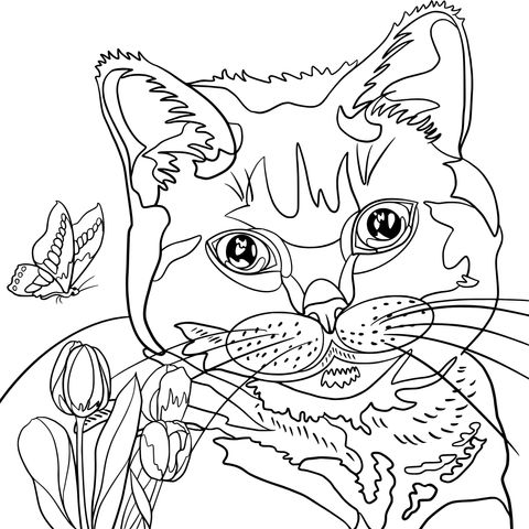 Dibujo para colorear de un gato adorable con mariposa y flores