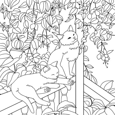 Coloring Page of Two Cats Among Greenery and Flowers