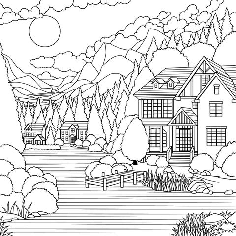 Night - view Coloring Page of Cottages by the Serene Lake