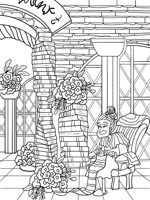 Coloring Page of an Old Grandma Knitting Surrounded by Books and Flowers