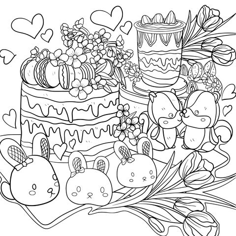 Coloring Page of Adorable Animals and Cakes