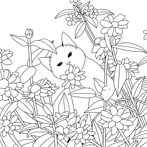 Coloring Page of a Cat in a Flower Bed