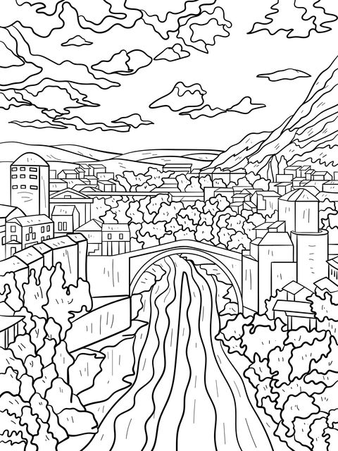 Scenic Coloring Page: River Flowing Through City with Green Mountains