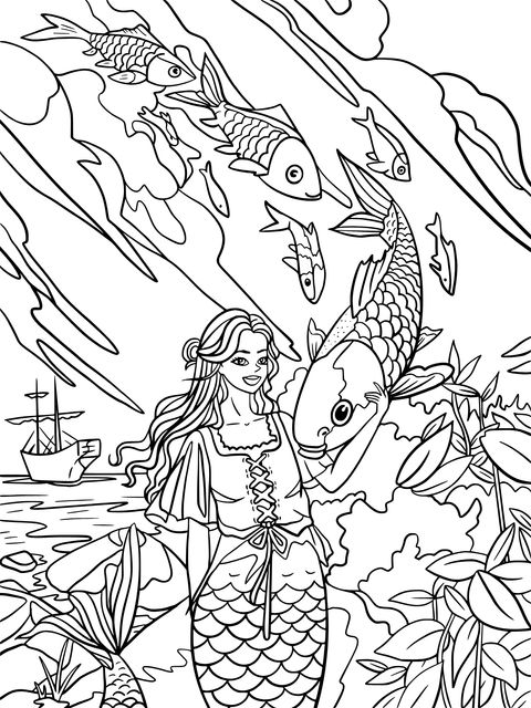 Mermaid and Goldfish Coloring Page Illustration