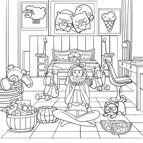 Coloring Page Illustration of a Girl Enjoying Watermelon in Her Room