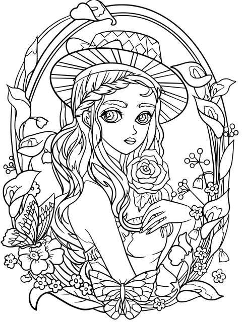 Dreamy Girl with Rose Coloring Page