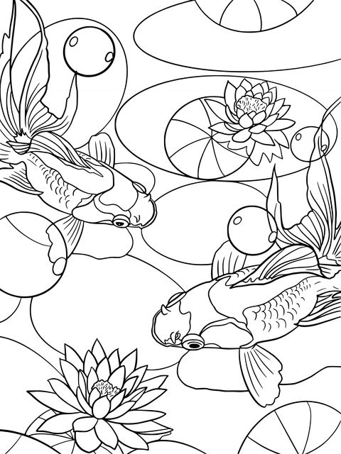 Goldfish and Water - Lily Coloring Page