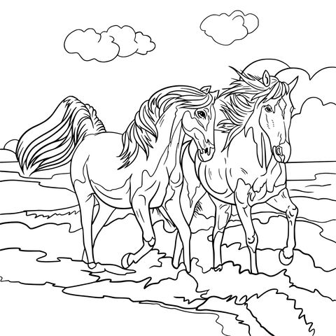 Coloring Page of Two Horses Galloping by the Sea