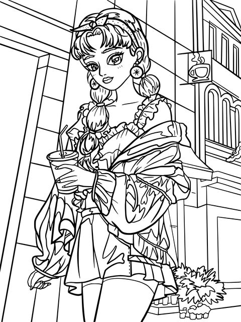 Fashionable Girl Street - scene Coloring Page