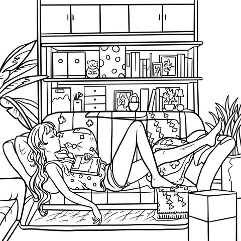 Página para colorir de uma mulher relaxando no sofá e curtindo o tempo de leitura