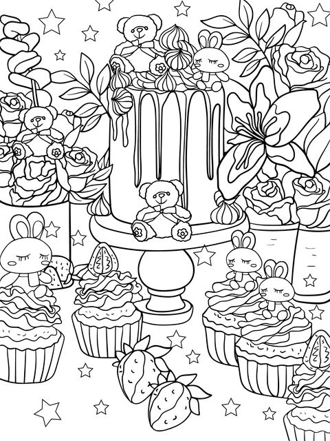 Adorable Desserts and Cute Pets Coloring Page