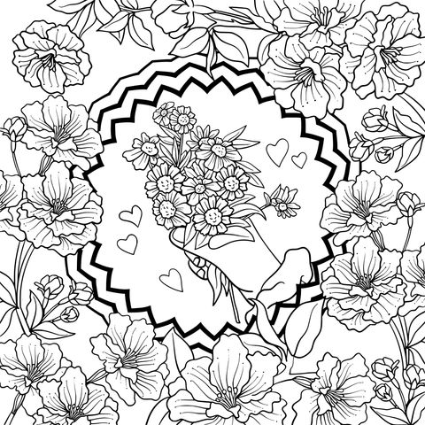 Coloring Page of a Hand - Held Bouquet Illustration